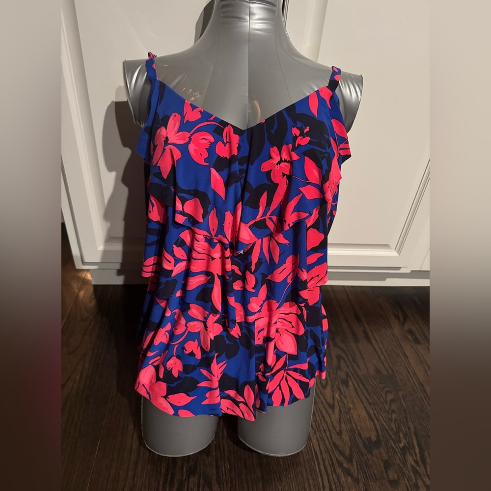 Women's Blue and Pink Floral Ruffle Tankini bathing suit top.